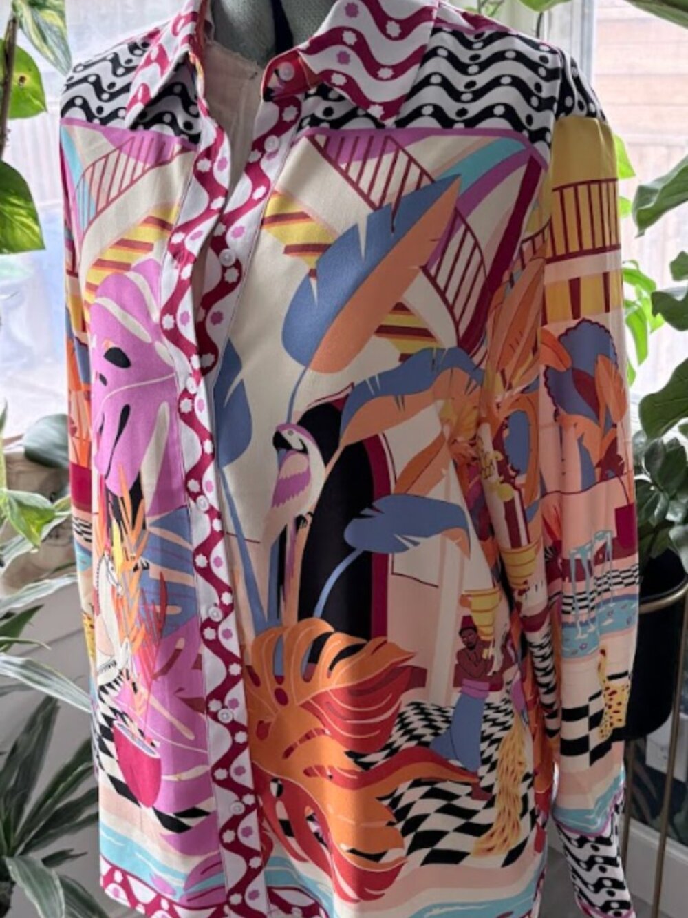 Rachel Zoe Graphic Tropical Palm Springs Print Button Up Blouse